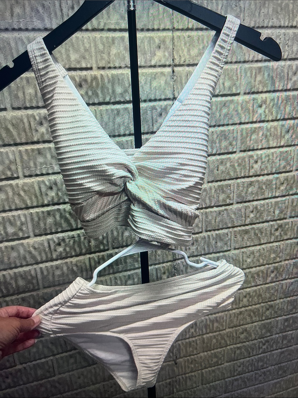 Ribbed Knot Front Two-Piece Bikini Set in Off-White